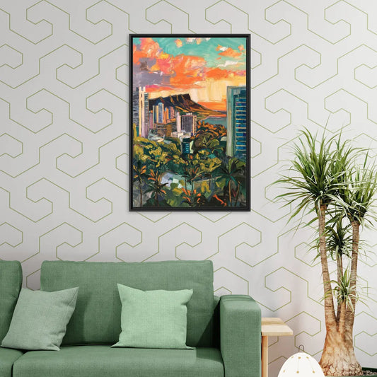 Honolulu Vibrant Cityscape - Living Room Black Frame Canvas