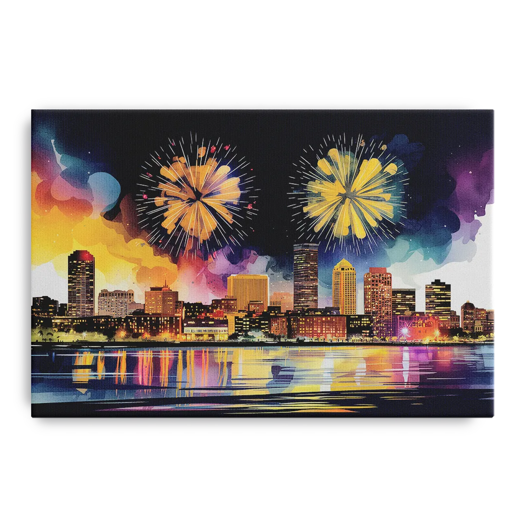 Boston Skyline With Fireworks - Canvas Wall Art