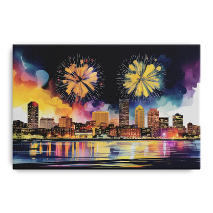 Boston Skyline With Fireworks - Canvas Wall Art