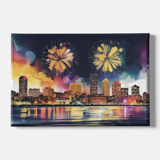 Boston Skyline With Fireworks - Canvas Wall Art