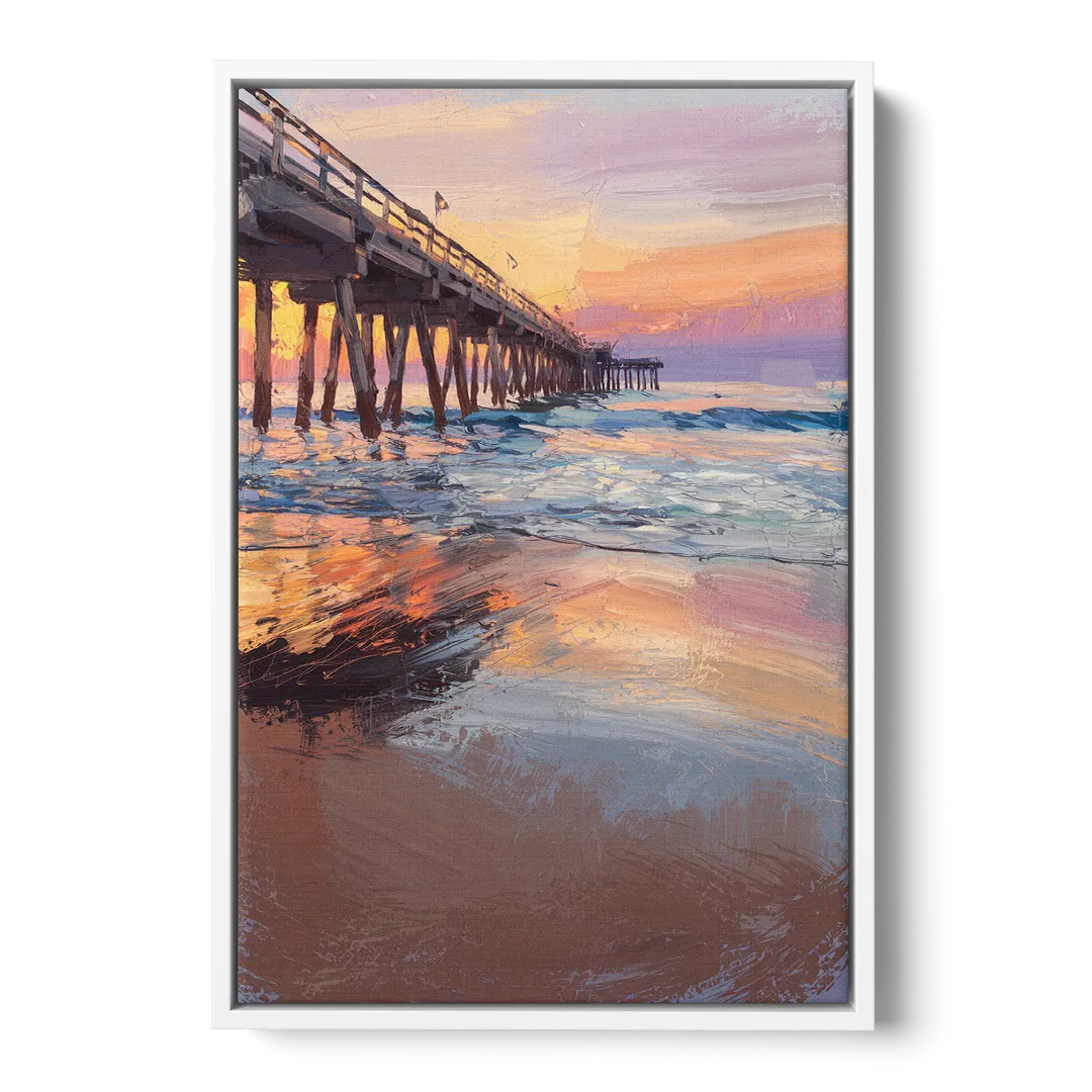 Virginia Beach Pier at Sunset - White Frame Canvas
