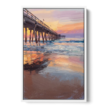 Virginia Beach Pier at Sunset - White Frame Canvas