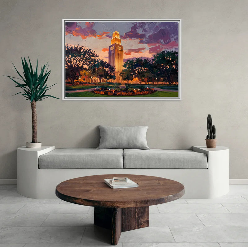 Austin Ut Tower Glow - Living Room White Frame Canvas