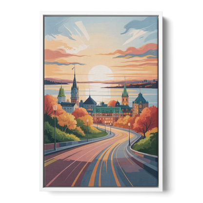 Quebec City Sunrise - White Frame Canvas