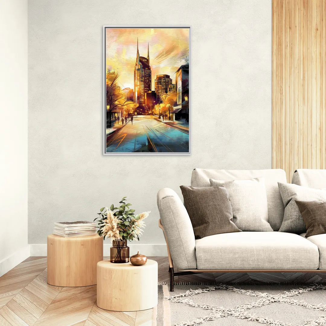Nashville Downtown Streets - Living Room White Frame Canvas