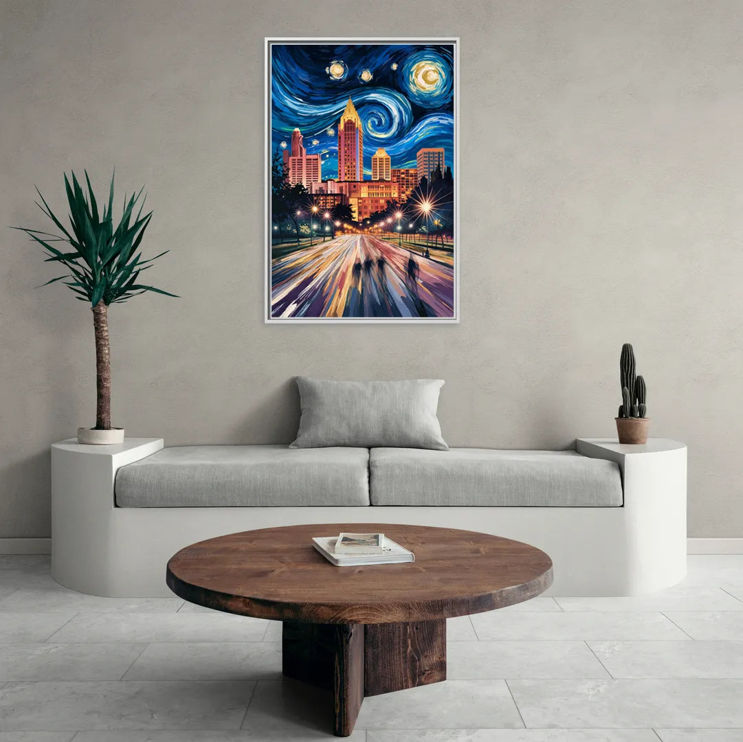 Raleigh Urban Night Lights - Living Room White Frame Canvas