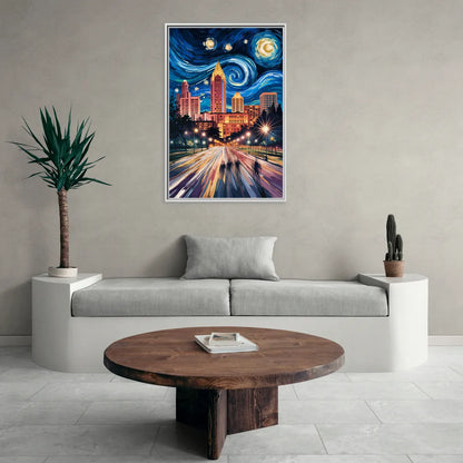 Raleigh Urban Night Lights - Living Room White Frame Canvas