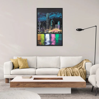 Dallas Skyline Reflection - Living Room Black Frame Canvas