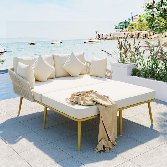 Elegant Outdoor Patio Daybed with Woven Rope Backrest & Washable Cushions