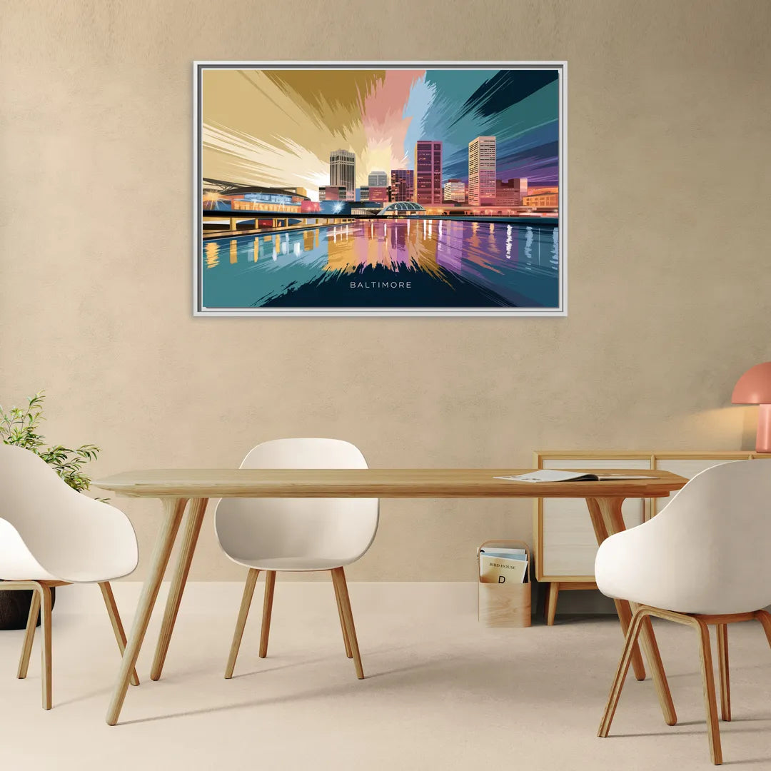 Baltimore Iconic Skyline - Living Room White Frame Canvas