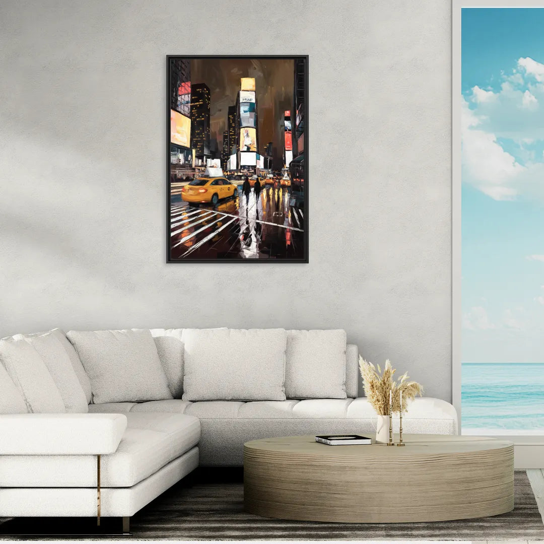 New York City Times Square in Motion Night - Living Room Black Frame Canvas