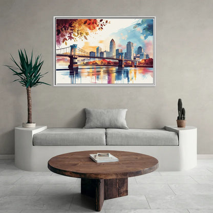 Cincinnati Skyline In Autumn - Living Room White Frame Canvas