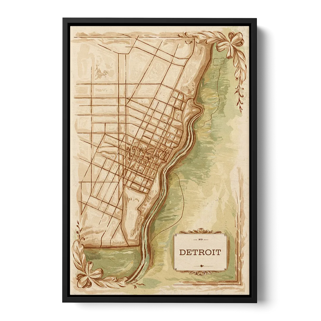 Detroit Vintage Map - Black Frame Canvas