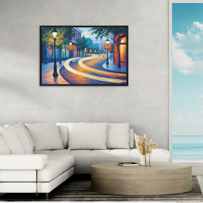 Crescent Street Lights - Living Room Black Frame Canvas