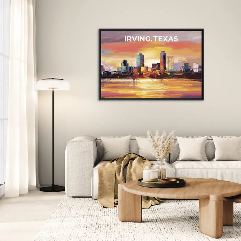 Irving Cityscape Sunset - Living Room Black Frame Canvas