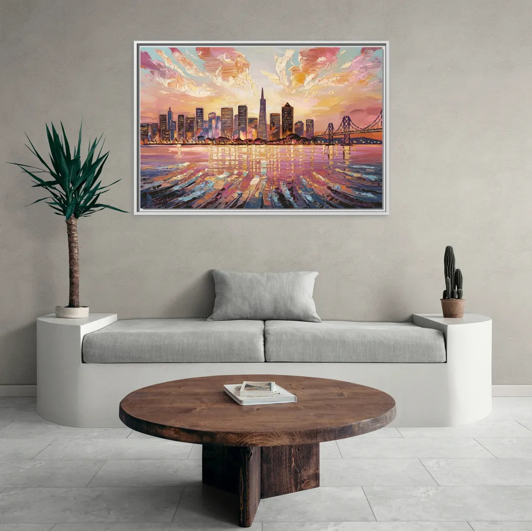 San Francisco Cityscape At Dawn - Living Room White Frame Canvas