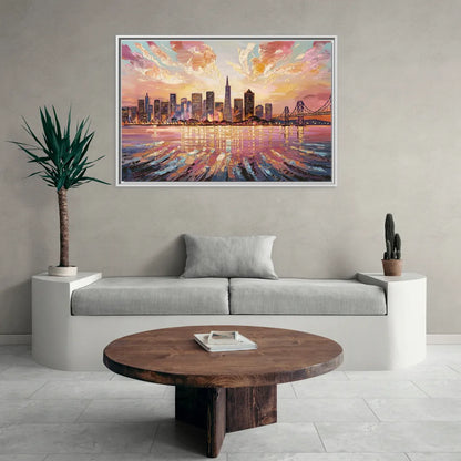 San Francisco Cityscape At Dawn - Living Room White Frame Canvas