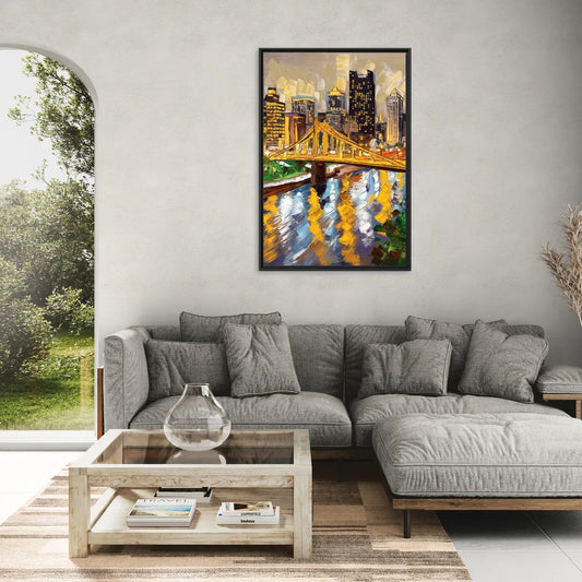 Pittsburgh Downtown Lights - Living Room Black Frame Canvas