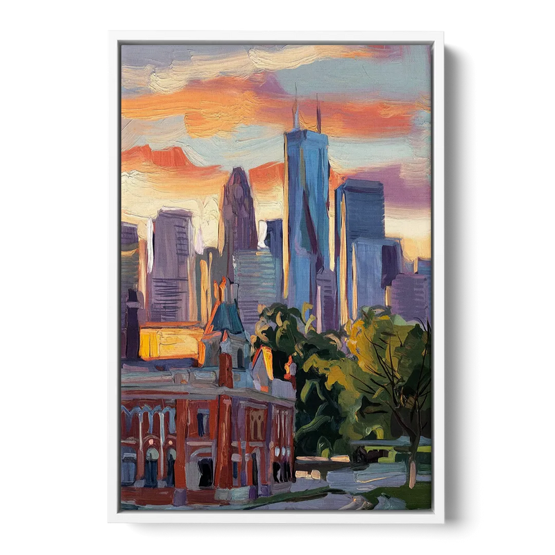 Kansas City Skyline at Sunset - White Frame Canvas
