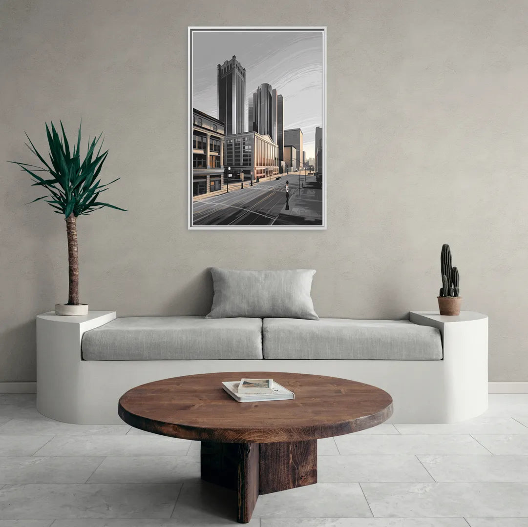 Detroit Downtown Streets - Living Room White Frame Canvas