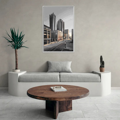 Detroit Downtown Streets - Living Room White Frame Canvas