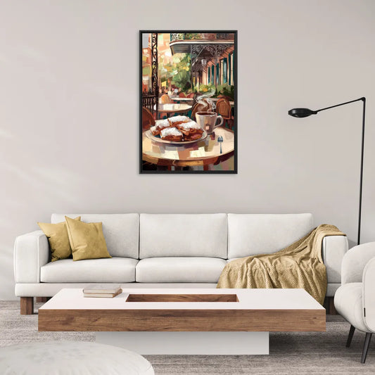 New Orleans Beignets and Coffee - Living Room Black Frame Canvas