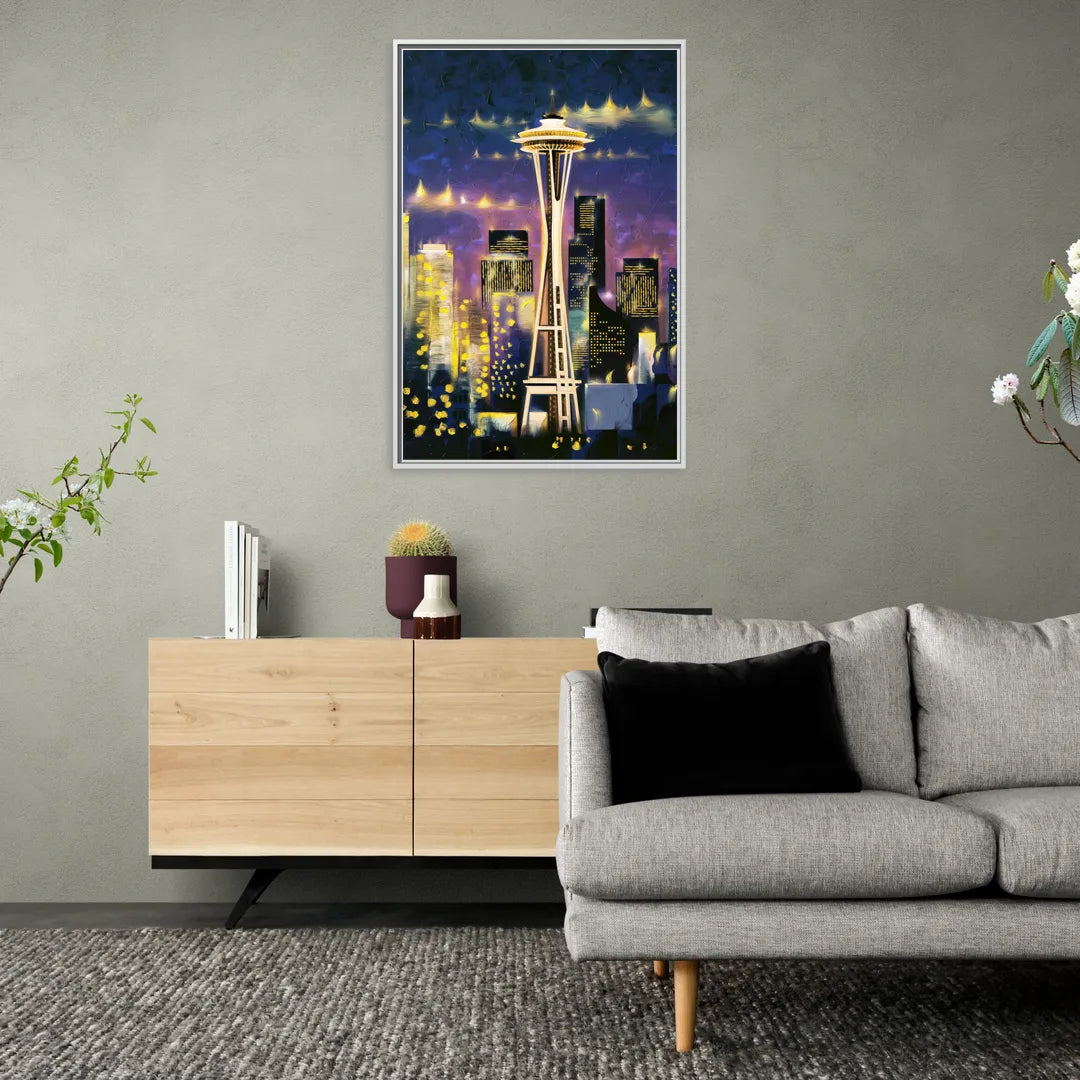 Seattle Space Needle Night Lights - Living Room White Frame Canvas