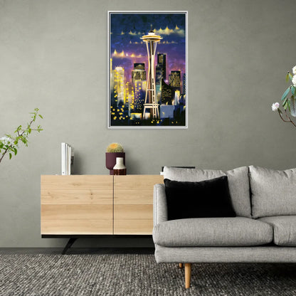 Seattle Space Needle Night Lights - Living Room White Frame Canvas