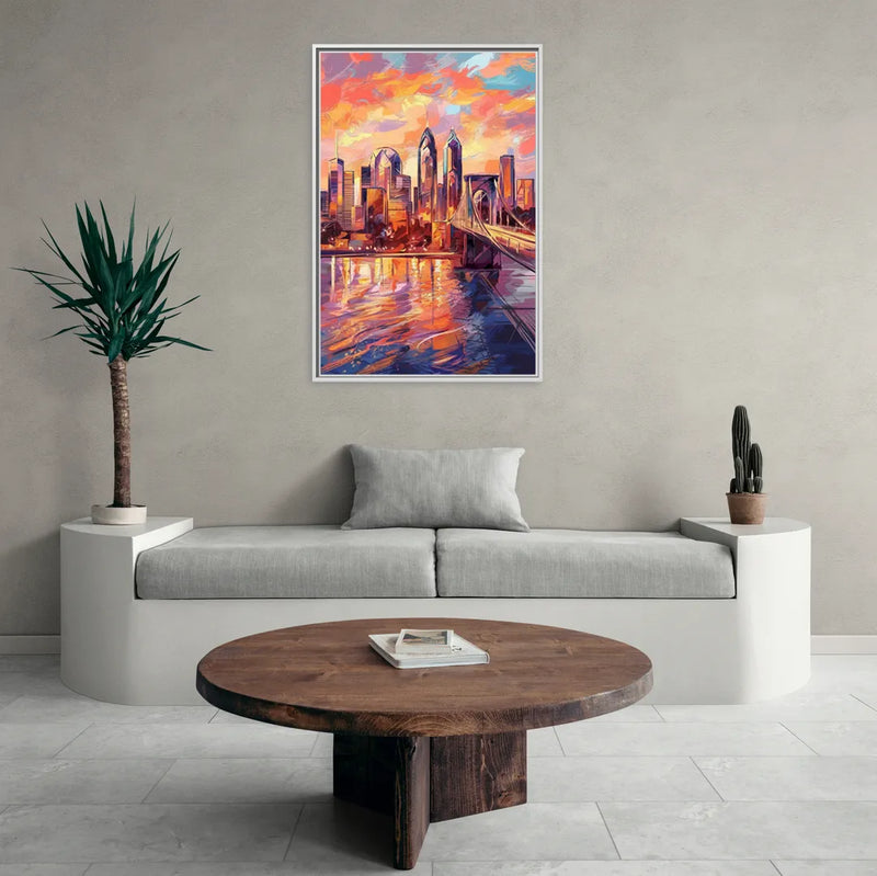 Philadelphia Skyline at Sunset - Living Room White Frame Canvas