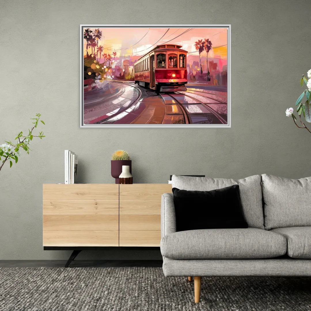 San Diego Trolley At Sunset - Living Room White Frame Canvas