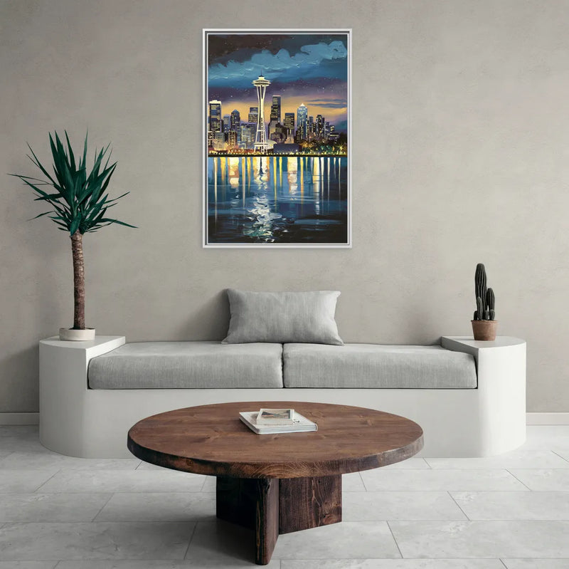 Seattle Skyline Reflection - Living Room White Frame Canvas