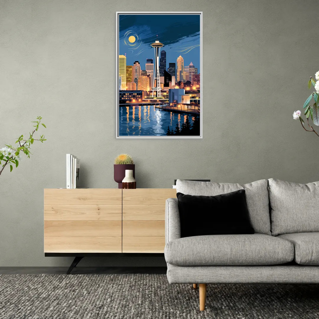 Seattle Nightscape - Living Room White Frame Canvas