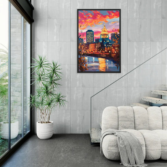 Des Moines Evening Lights - Living Room Black Frame Canvas