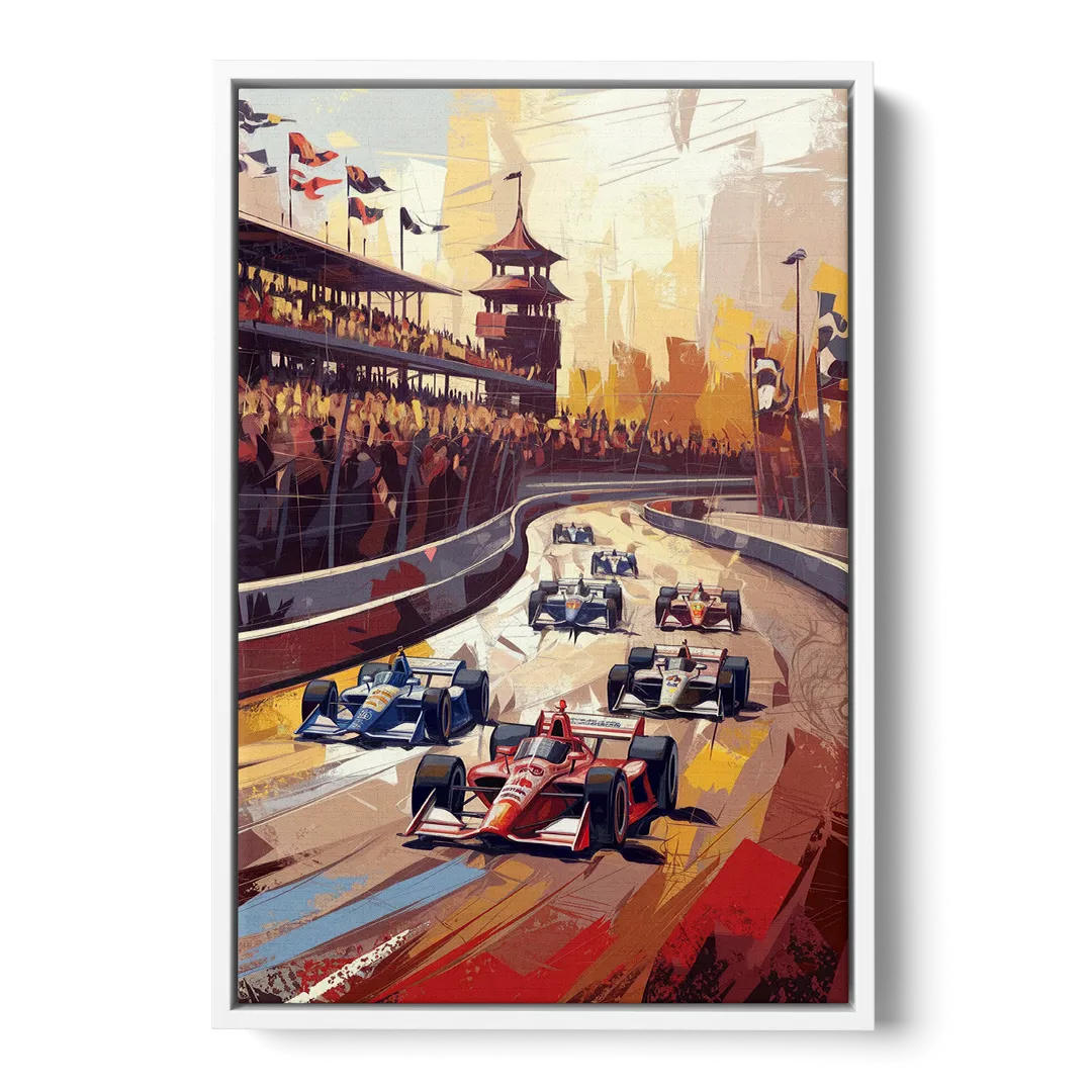 Indianapolis Motor Speedway Racing Scene - White Frame Canvas