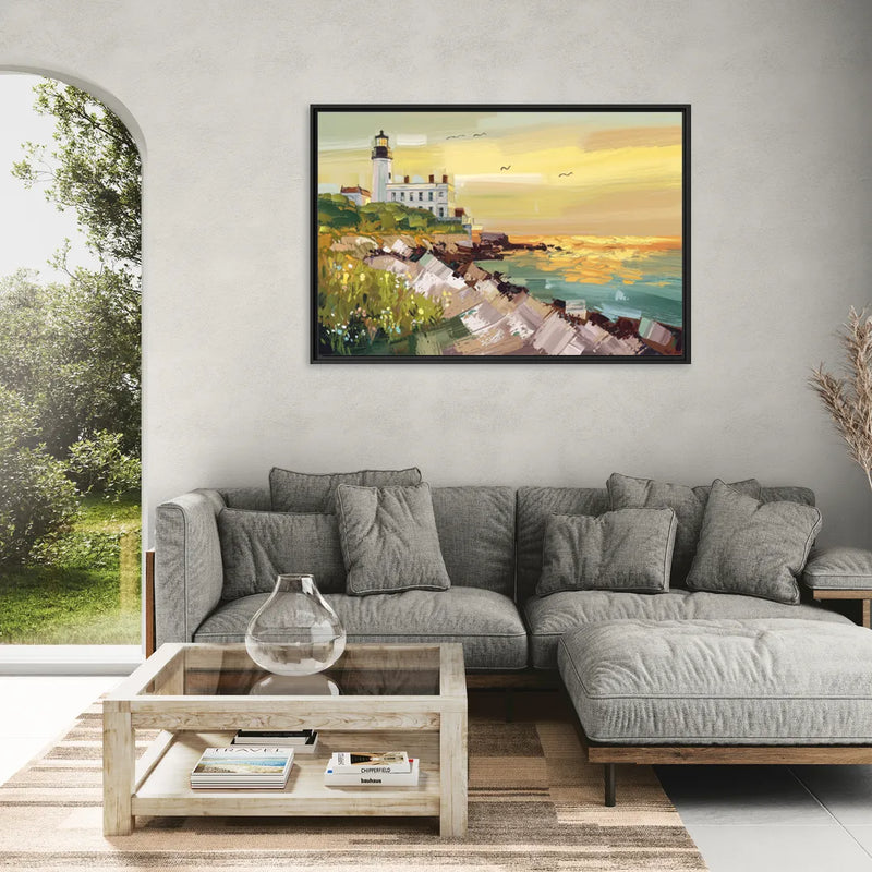 Galveston Lighthouse View - Living Room Black Frame Canvas