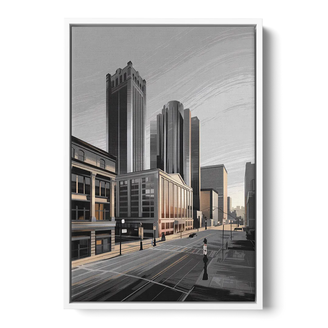 Detroit Downtown Streets - White Frame Canvas