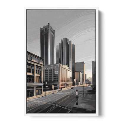 Detroit Downtown Streets - White Frame Canvas