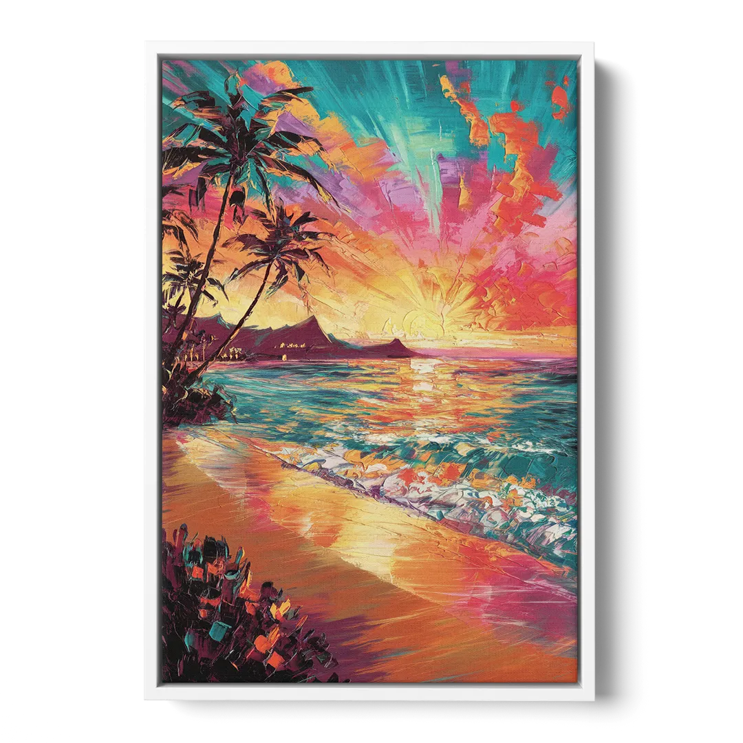 Honolulu Waikiki Beach Sunset - White Frame Canvas
