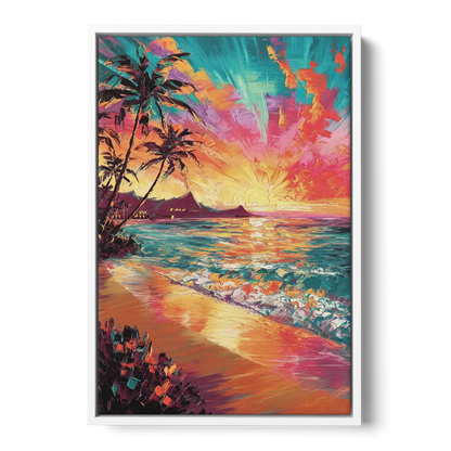 Honolulu Waikiki Beach Sunset - White Frame Canvas