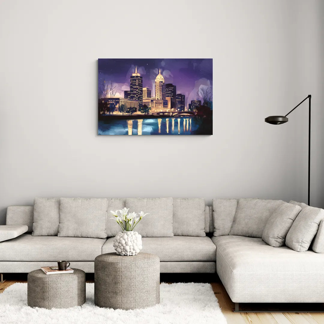 Indianapolis Nighttime Skyline - Canvas Wall Art Living Room