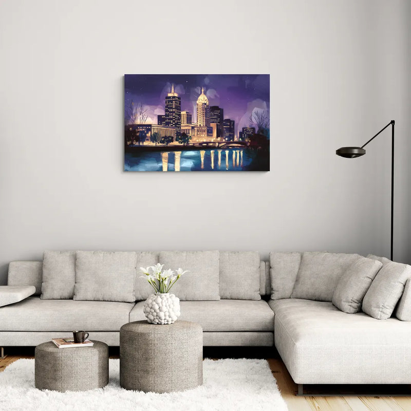 Indianapolis Nighttime Skyline - Canvas Wall Art Living Room