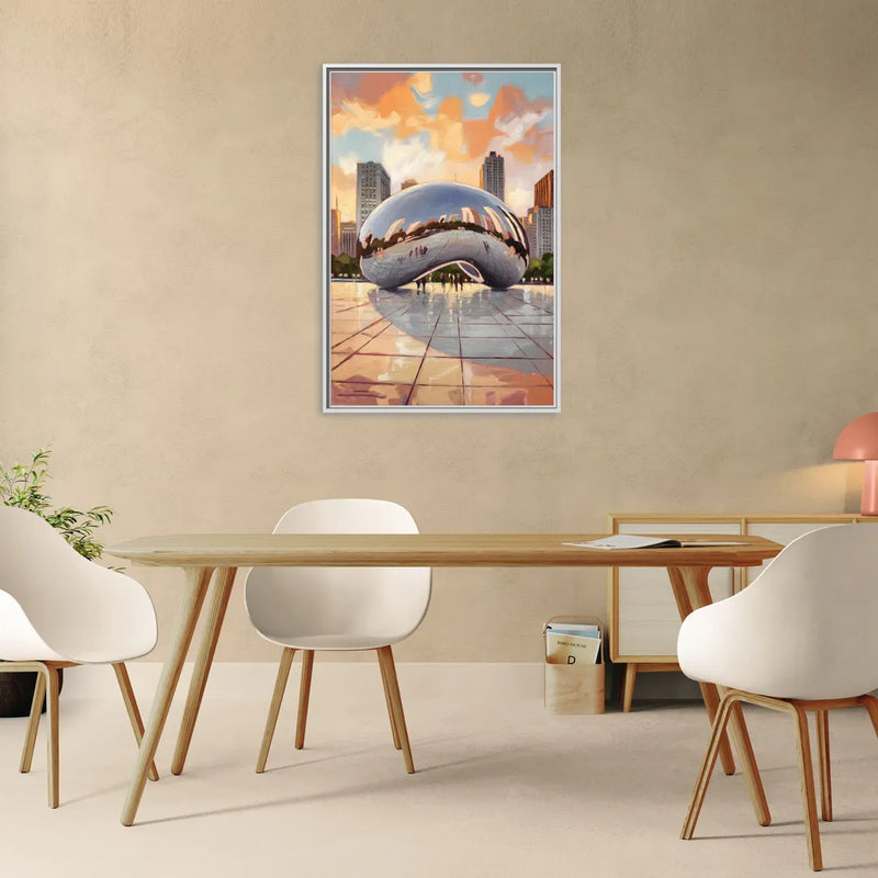 Chicago Cloud Gate Reflection - Living Room White Frame Canvas