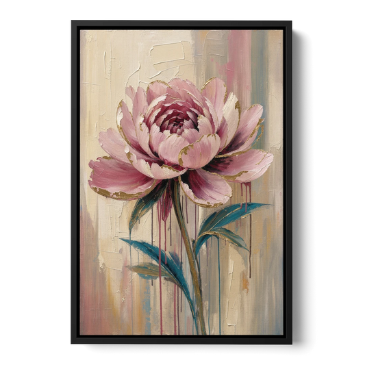 Abstract Art for Dining Room with a Gilded Peony - Black Framed Canvas Wall Art - Front