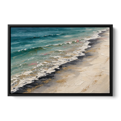 Abstract Beach Painting with Gold Foam Lines - Black Framed Canvas Wall Art - Front