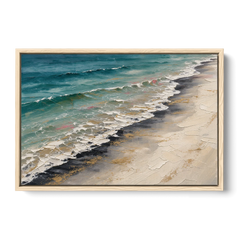 Abstract Beach Painting with Gold Foam Lines - Oak Framed Canvas Wall Art - Front