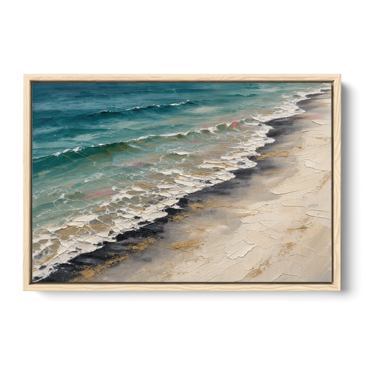 Abstract Beach Painting with Gold Foam Lines - Oak Framed Canvas Wall Art - Front