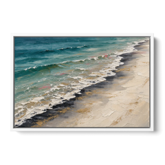 Abstract Beach Painting with Gold Foam Lines - White Framed Canvas Wall Art - Front