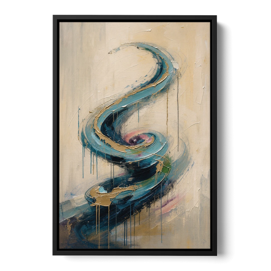 Abstract Blue and Gold Spiral Ascent - Black Framed Canvas Wall Art - Front