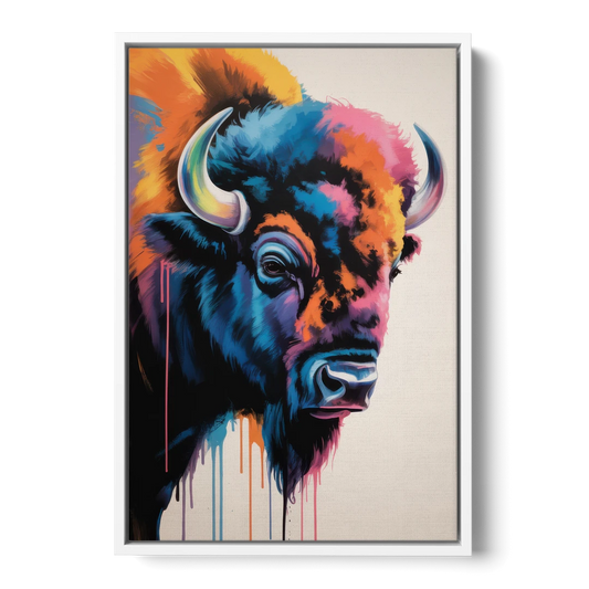 Abstract Buffalo Art Piece - White Framed Canvas Wall Art - Front