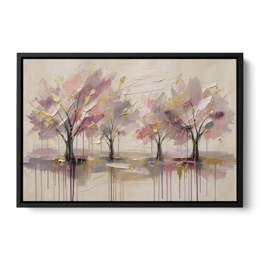 Abstract Cherry Blossom Painting with Gold Drips - Black Framed Canvas Wall Art - Front